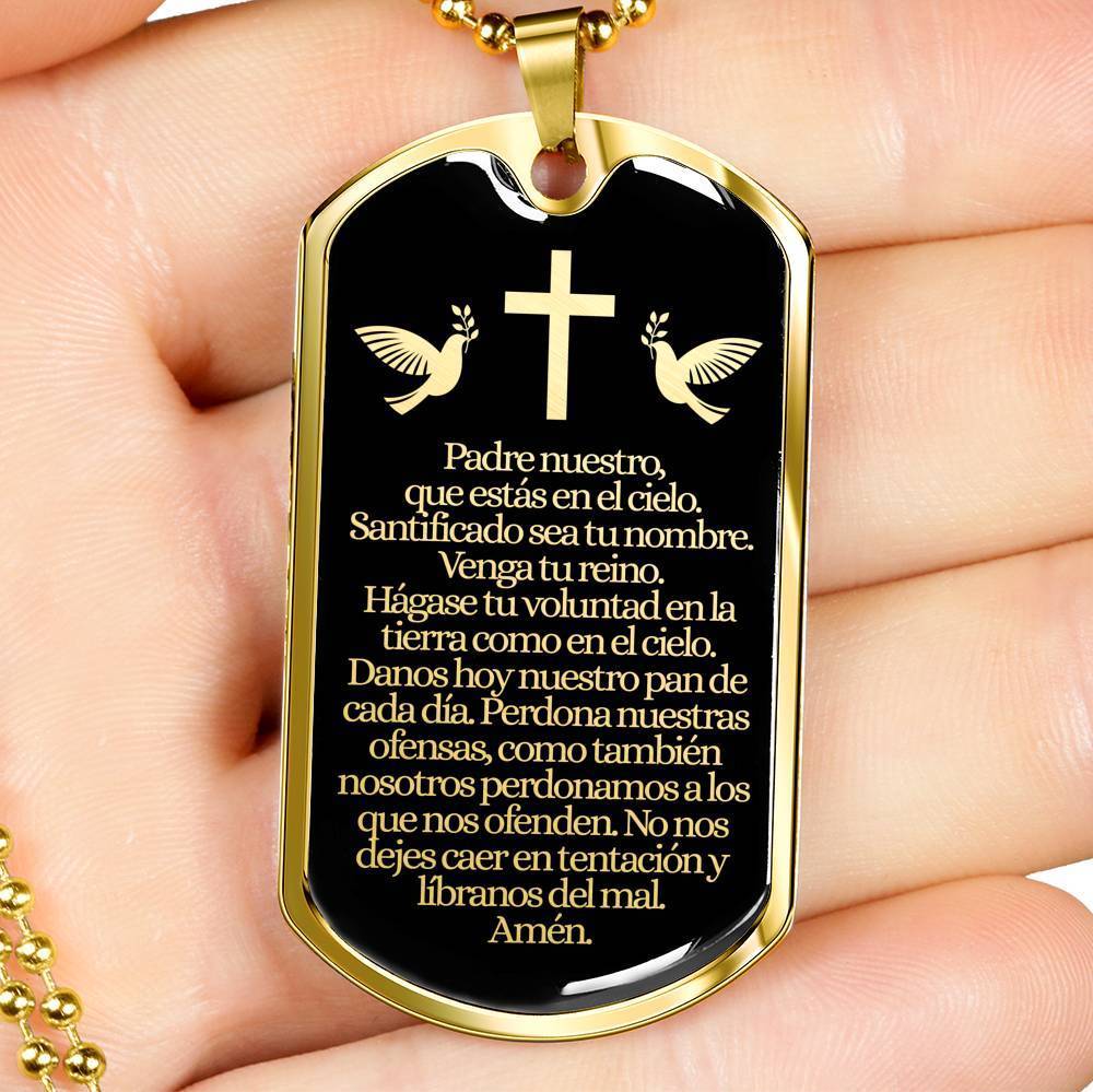 Padre Nuestro Our Father Spanish Stainless Steel 18k Gold Dog Tag 24" Chain-Express Your Love Gifts