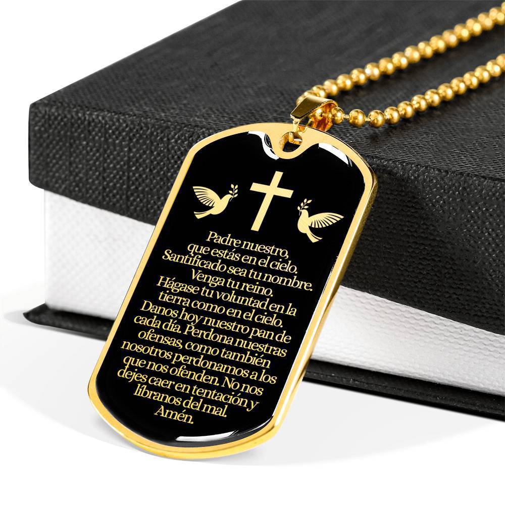 Padre Nuestro Our Father Spanish Stainless Steel 18k Gold Dog Tag 24" Chain-Express Your Love Gifts