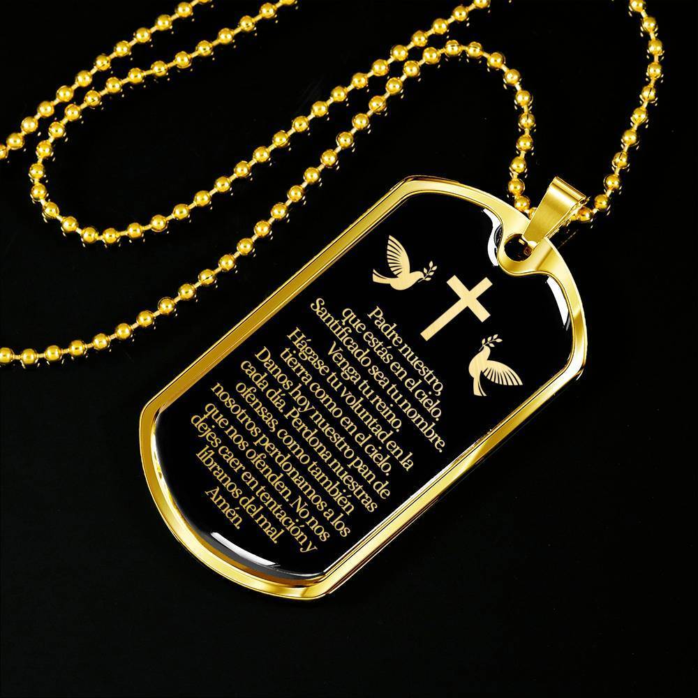 Padre Nuestro Our Father Spanish Stainless Steel 18k Gold Dog Tag 24" Chain-Express Your Love Gifts