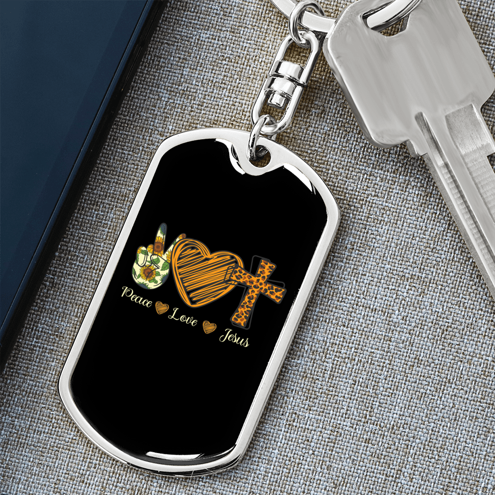 Peace Love Jesus Keychain Stainless Steel or 18k Gold Dog Tag Keyring-Express Your Love Gifts