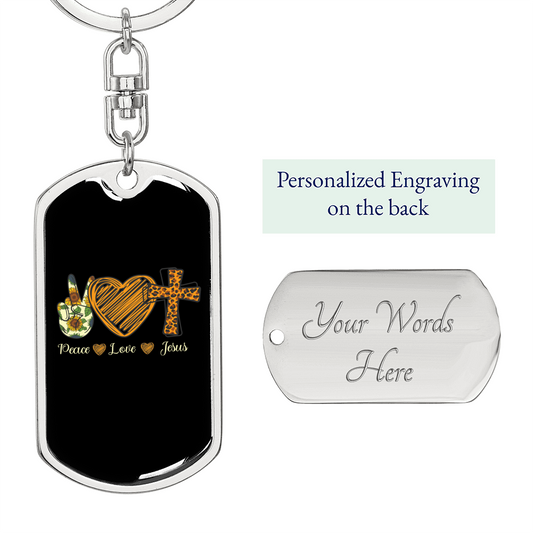 Peace Love Jesus Keychain Stainless Steel or 18k Gold Dog Tag Keyring-Express Your Love Gifts