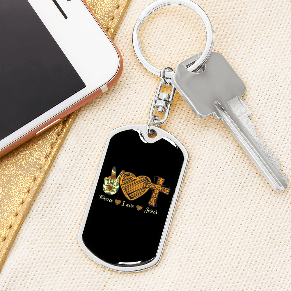 Peace Love Jesus Keychain Stainless Steel or 18k Gold Dog Tag Keyring-Express Your Love Gifts