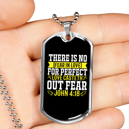 Perfect Love Casteth Fear Christian Necklace Stainless Steel or 18k Gold Dog Tag 24" Chain-Express Your Love Gifts