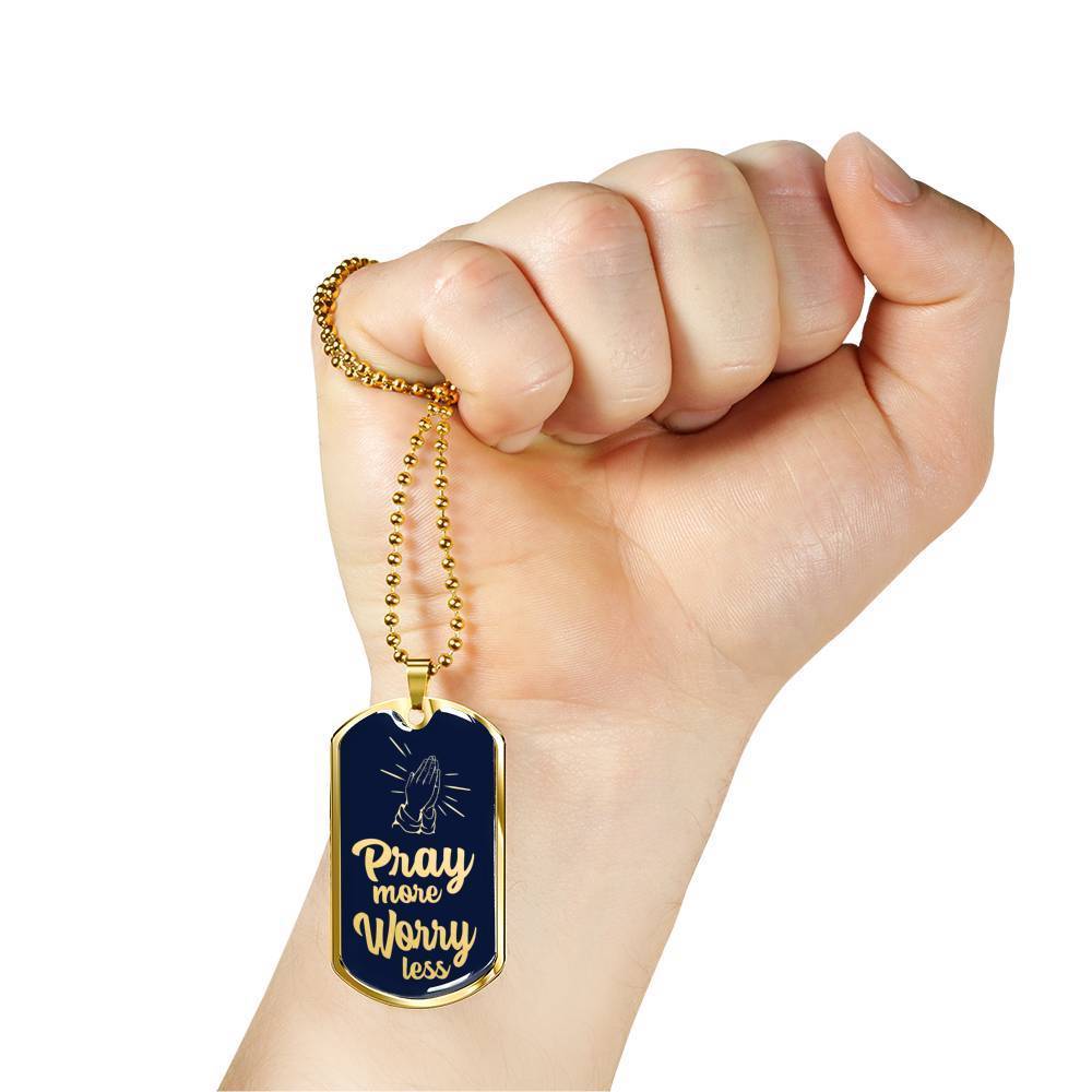 Pray More Worry Less Christian Verse Gift Necklace Stainless Steel or 18k Gold Dog Tag 24" Chain-Express Your Love Gifts