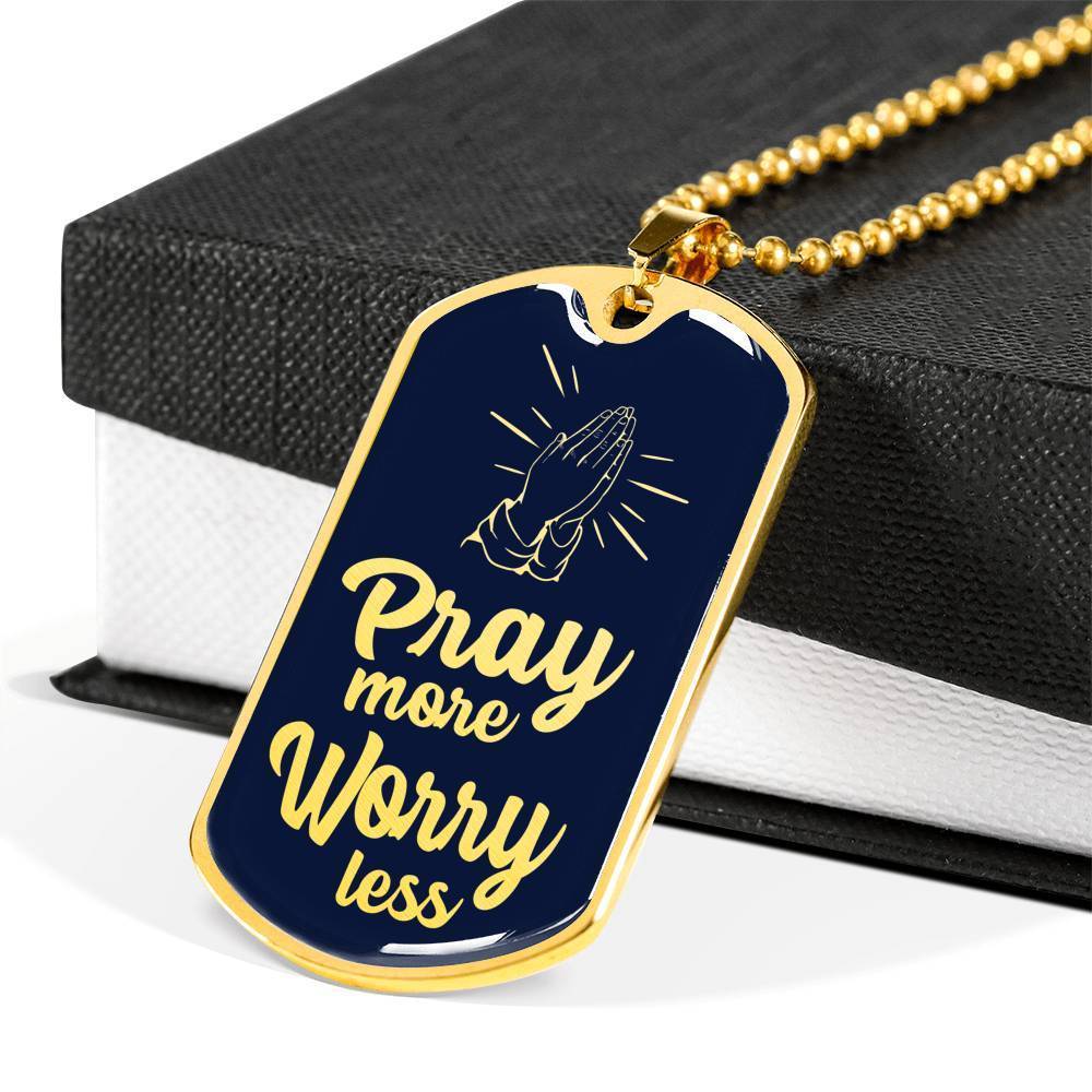 Pray More Worry Less Christian Verse Gift Necklace Stainless Steel or 18k Gold Dog Tag 24" Chain-Express Your Love Gifts