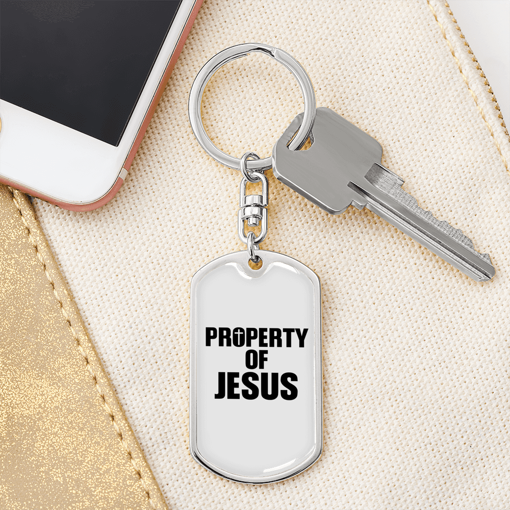 Property Of Jesus Keychain Stainless Steel or 18k Gold Dog Tag Keyring-Express Your Love Gifts