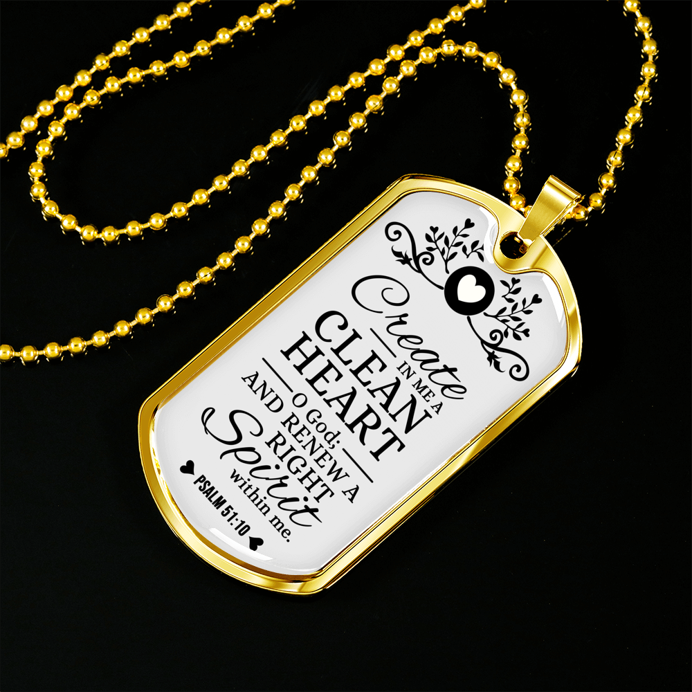 Pure Heart And Renewed Spirit Christian Faith Necklace Stainless Steel or 18k Gold Dog Tag 24" Chain-Express Your Love Gifts