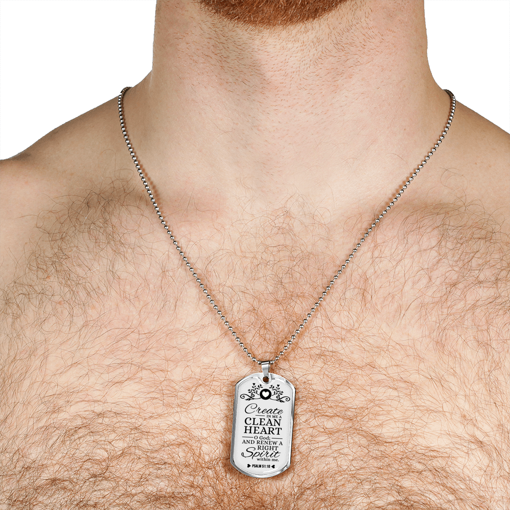 Pure Heart And Renewed Spirit Christian Faith Necklace Stainless Steel or 18k Gold Dog Tag 24" Chain-Express Your Love Gifts
