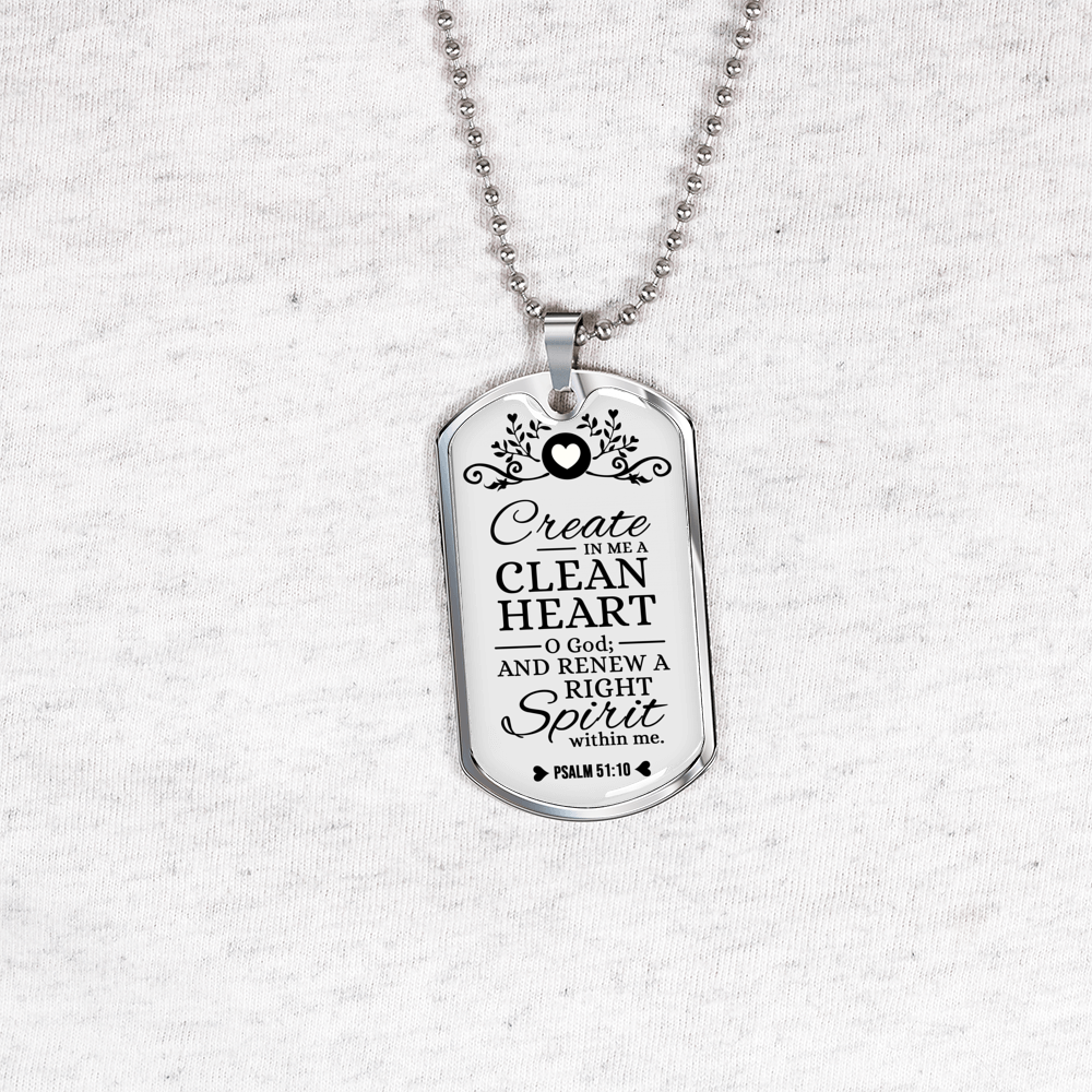 Pure Heart And Renewed Spirit Christian Faith Necklace Stainless Steel or 18k Gold Dog Tag 24" Chain-Express Your Love Gifts