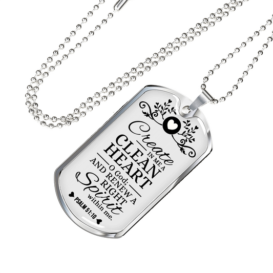 Pure Heart And Renewed Spirit Christian Faith Necklace Stainless Steel or 18k Gold Dog Tag w 24" Chain