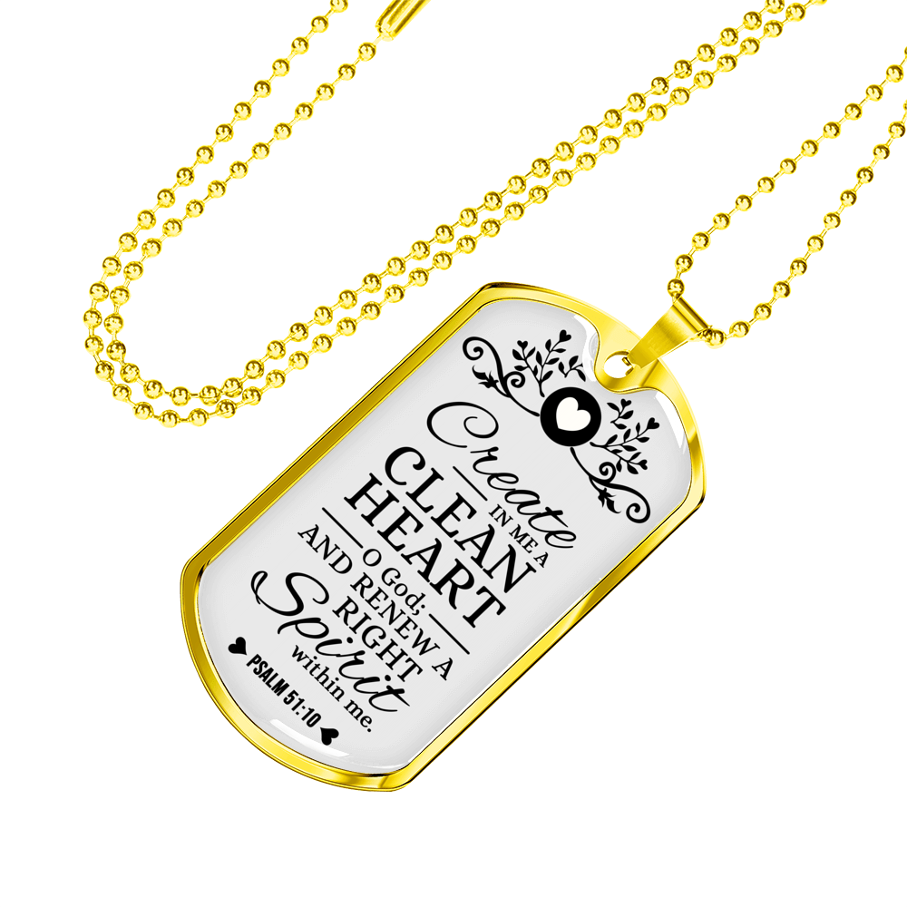 Pure Heart And Renewed Spirit Christian Faith Necklace Stainless Steel or 18k Gold Dog Tag 24" Chain-Express Your Love Gifts