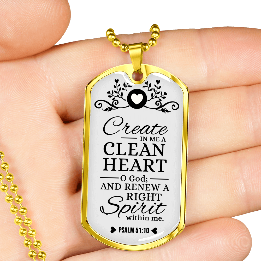Pure Heart And Renewed Spirit Christian Faith Necklace Stainless Steel or 18k Gold Dog Tag 24" Chain-Express Your Love Gifts