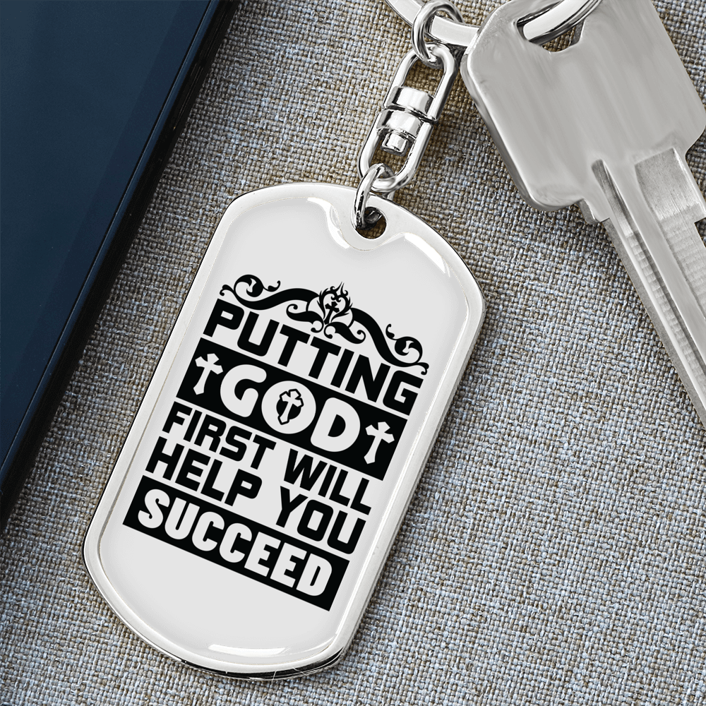 Put God First Keychain Stainless Steel or 18k Gold Dog Tag Keyring-Express Your Love Gifts