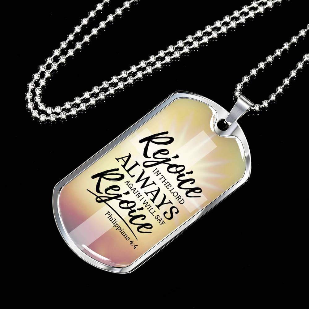 Rejoice In God's Presence Necklace Stainless Steel or 18k Gold Dog Tag 24" Chain-Express Your Love Gifts