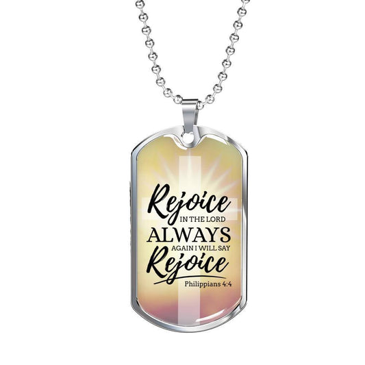 Rejoice in God's Presence Christian Necklace Bible Verse Necklace Stainless Steel or 18k Gold Dog Tag w 24" Chain