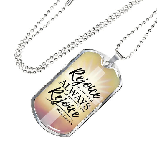 Rejoice in God's Presence Christian Necklace Bible Verse Necklace Stainless Steel or 18k Gold Dog Tag w 24" Chain