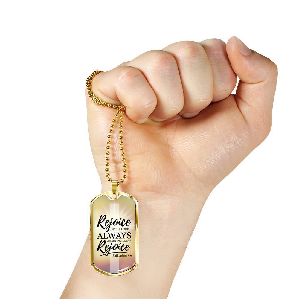 Rejoice In God's Presence Necklace Stainless Steel or 18k Gold Dog Tag 24" Chain-Express Your Love Gifts