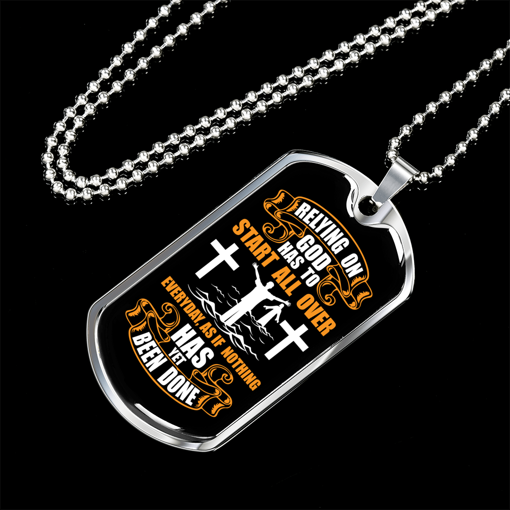 Relying On God Christian Necklace Stainless Steel or 18k Gold Dog Tag 24" Chain-Express Your Love Gifts