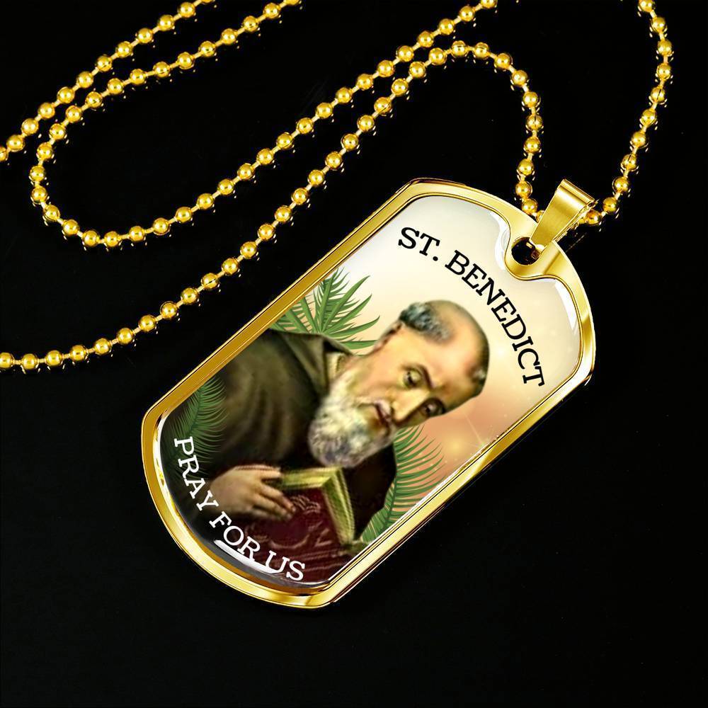 Saint Benedict Catholic Necklace Stainless Steel or 18k Gold Dog Tag 24" Chain-Express Your Love Gifts