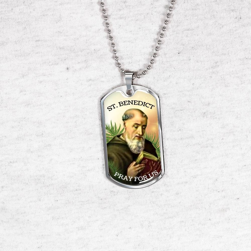 Saint Benedict Catholic Necklace Stainless Steel or 18k Gold Dog Tag 24" Chain-Express Your Love Gifts