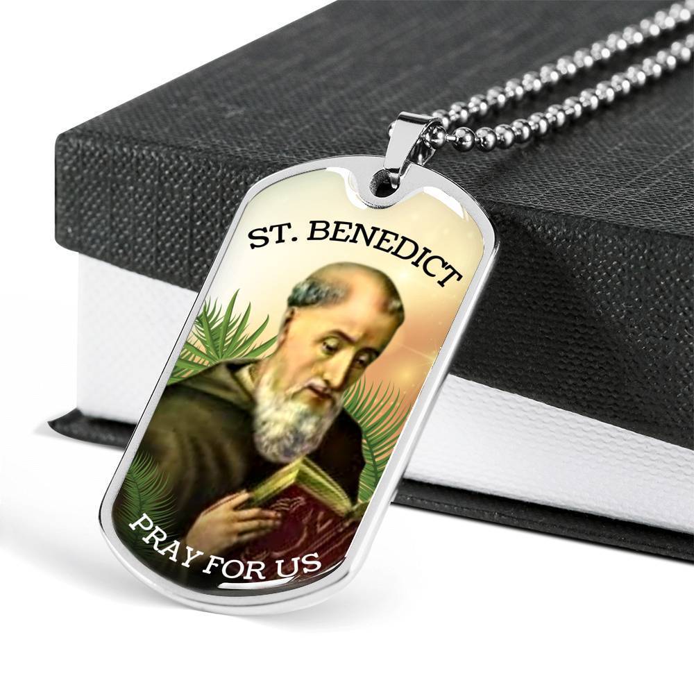 Saint Benedict Catholic Necklace Stainless Steel or 18k Gold Dog Tag 24" Chain-Express Your Love Gifts