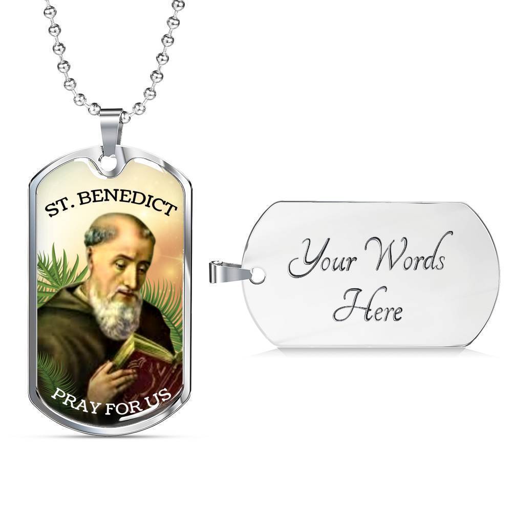 Saint Benedict Catholic Necklace Stainless Steel or 18k Gold Dog Tag 24" Chain-Express Your Love Gifts