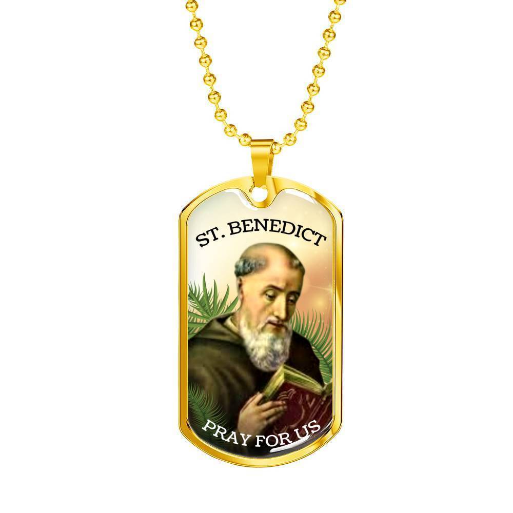 Saint Benedict Catholic Necklace Stainless Steel or 18k Gold Dog Tag 24" Chain-Express Your Love Gifts