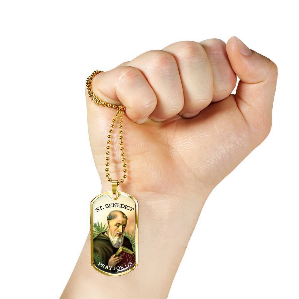 Saint Benedict Catholic Necklace Stainless Steel or 18k Gold Dog Tag 24" Chain-Express Your Love Gifts
