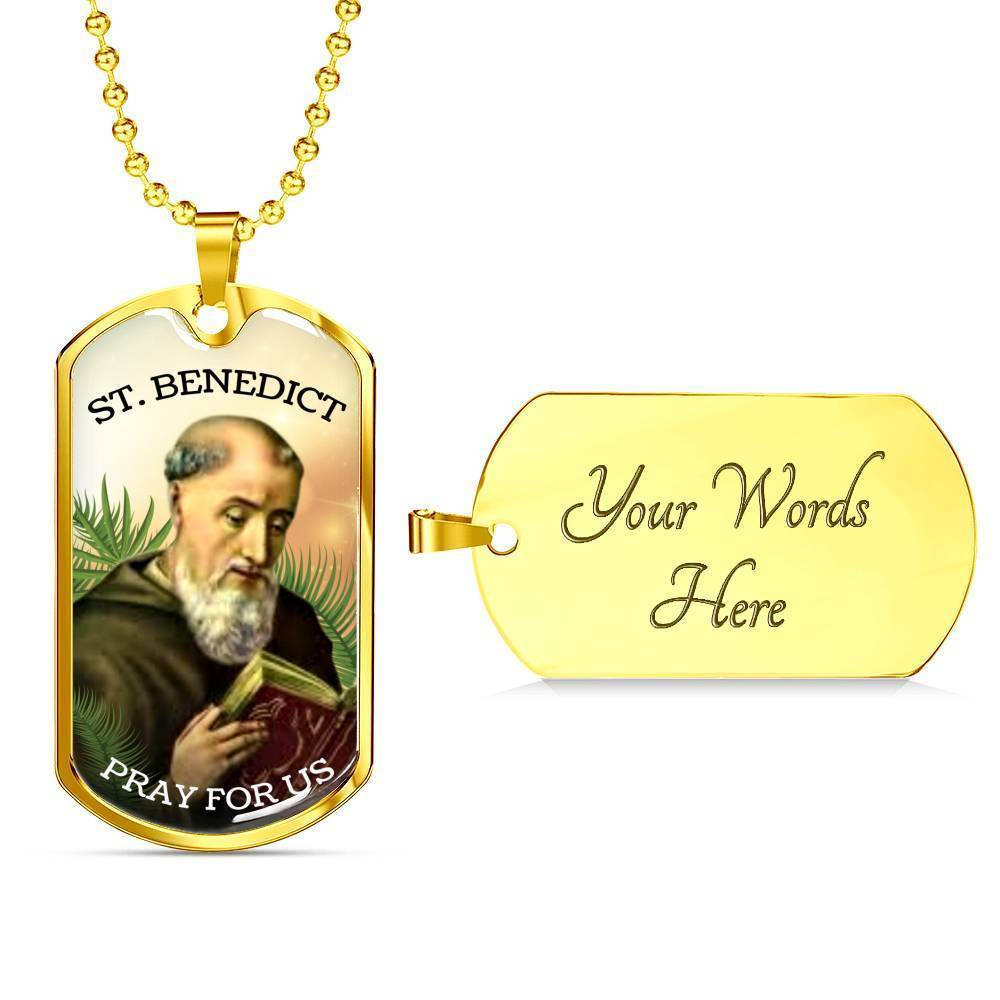 Saint Benedict Catholic Necklace Stainless Steel or 18k Gold Dog Tag 24" Chain-Express Your Love Gifts