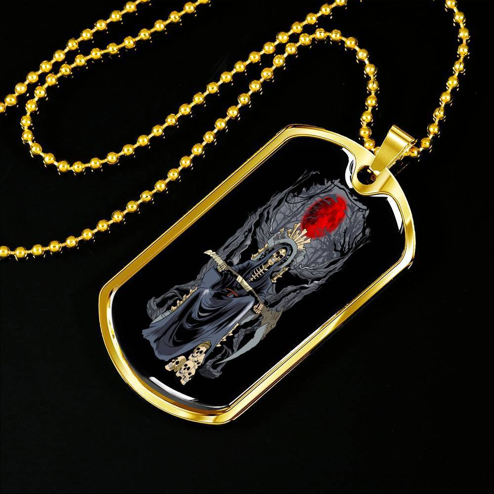 Santa Muerte Blood Moon Dog Tag Stainless Steel or 18k Gold 24" Chain - Express Your Love Gifts
