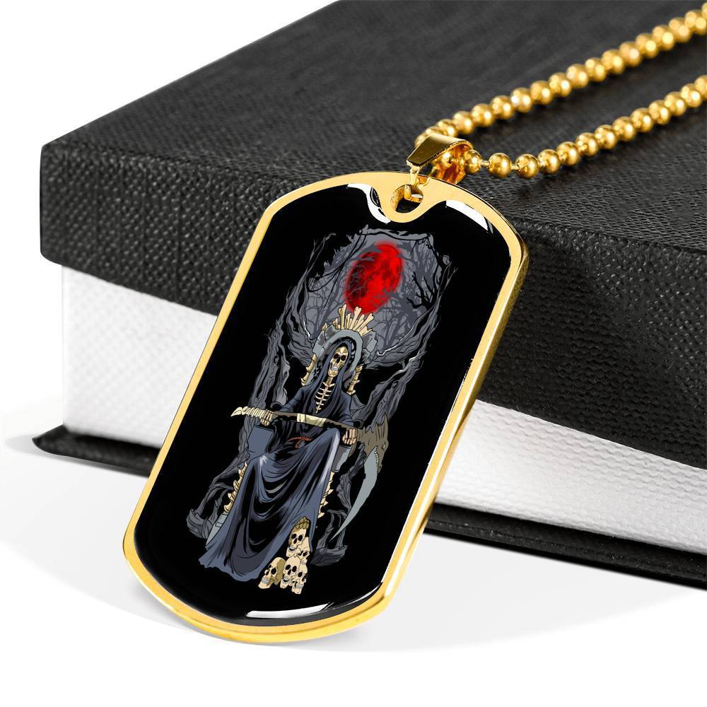 Santa Muerte Blood Moon Dog Tag Stainless Steel or 18k Gold 24" Chain - Express Your Love Gifts
