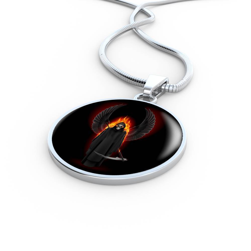 Santa Muerte Grim Reaper Necklace Circle Pendant Stainless Steel or 18k Gold 18-22" - Express Your Love Gifts
