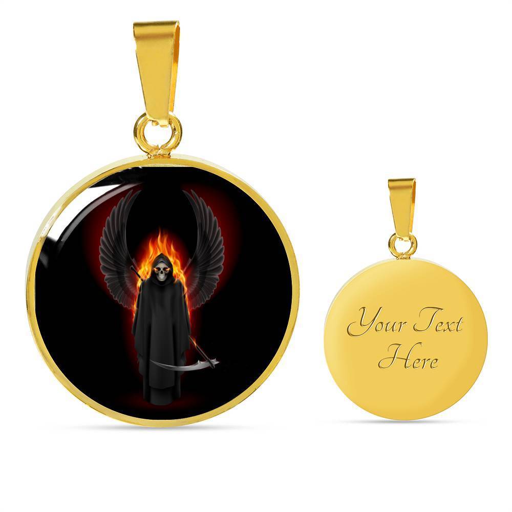 Santa Muerte Grim Reaper Necklace Circle Pendant Stainless Steel or 18k Gold 18-22" - Express Your Love Gifts