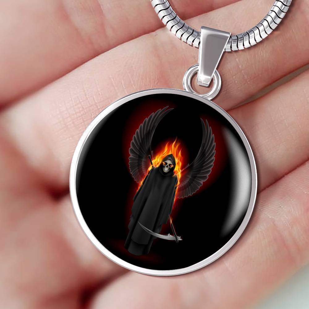 Santa Muerte Grim Reaper Necklace Circle Pendant Stainless Steel or 18k Gold 18-22" - Express Your Love Gifts