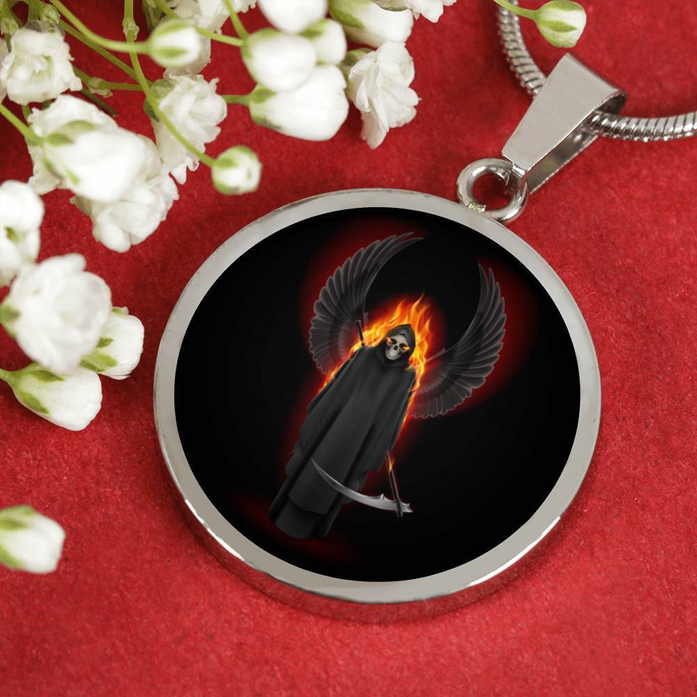 Santa Muerte Grim Reaper Necklace Circle Pendant Stainless Steel or 18k Gold 18-22" - Express Your Love Gifts