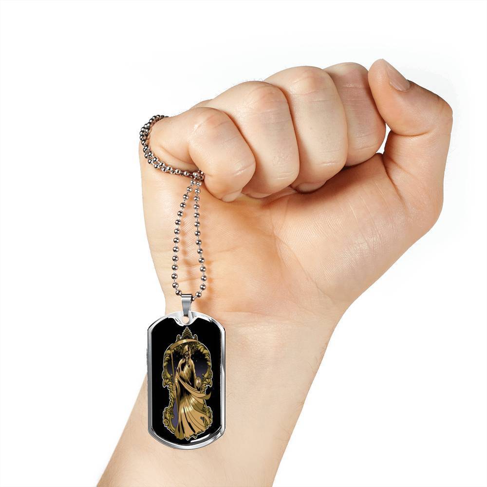 Santa Muerte Necklace St Death Gold Robe Dog Tag Stainless Steel or 18k Gold 24" Chain - Express Your Love Gifts