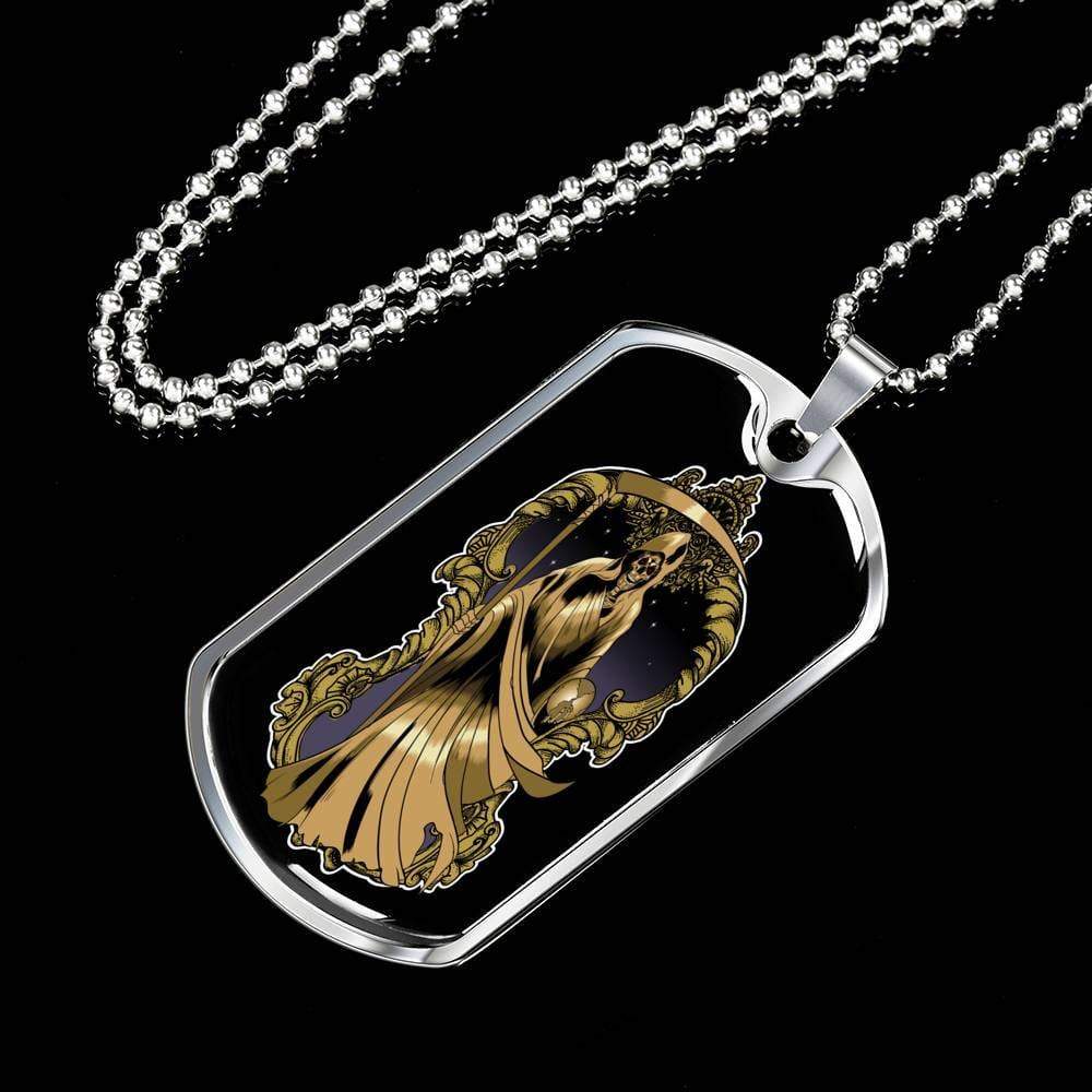 Santa Muerte Necklace St Death Gold Robe Dog Tag Stainless Steel or 18k Gold 24" Chain - Express Your Love Gifts