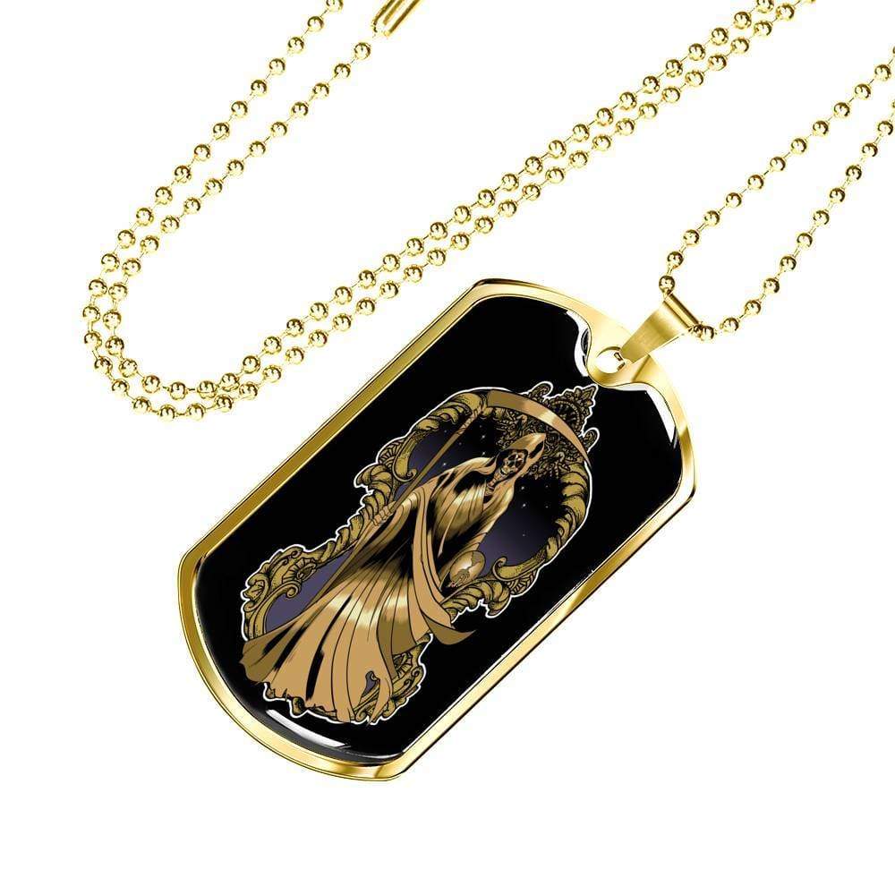 Santa Muerte Necklace St Death Gold Robe Dog Tag Stainless Steel or 18k Gold 24" Chain - Express Your Love Gifts