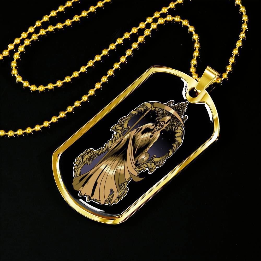 Santa Muerte Necklace St Death Gold Robe Dog Tag Stainless Steel or 18k Gold 24" Chain - Express Your Love Gifts