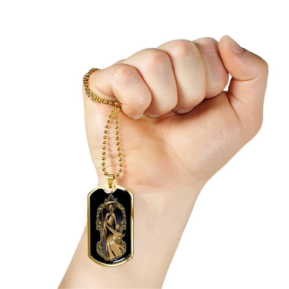 Santa Muerte Necklace St Death Gold Robe Dog Tag Stainless Steel or 18k Gold 24" Chain - Express Your Love Gifts
