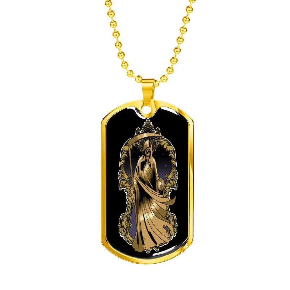Santa Muerte Necklace St Death Gold Robe Dog Tag Stainless Steel or 18k Gold 24" Chain - Express Your Love Gifts
