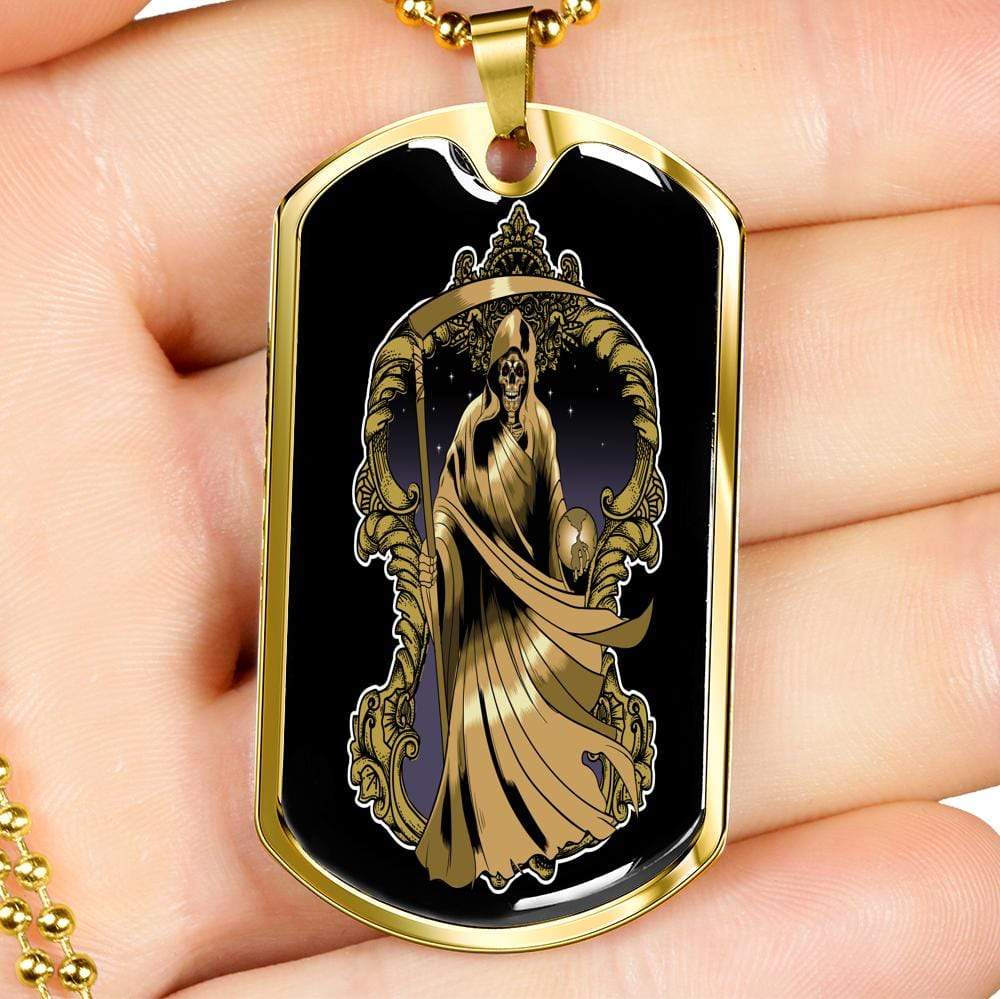 Santa Muerte Necklace St Death Gold Robe Dog Tag Stainless Steel or 18k Gold 24" Chain - Express Your Love Gifts