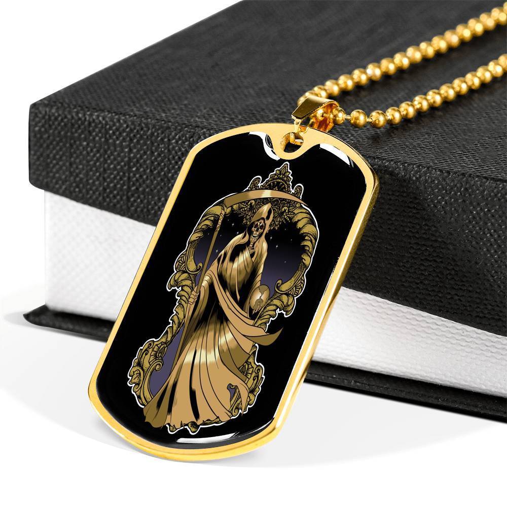 Santa Muerte Necklace St Death Gold Robe Dog Tag Stainless Steel or 18k Gold 24" Chain - Express Your Love Gifts