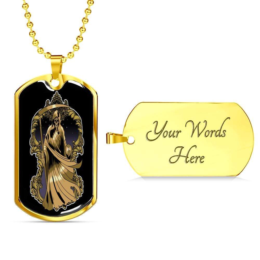 Santa Muerte Necklace St Death Gold Robe Dog Tag Stainless Steel or 18k Gold 24" Chain - Express Your Love Gifts