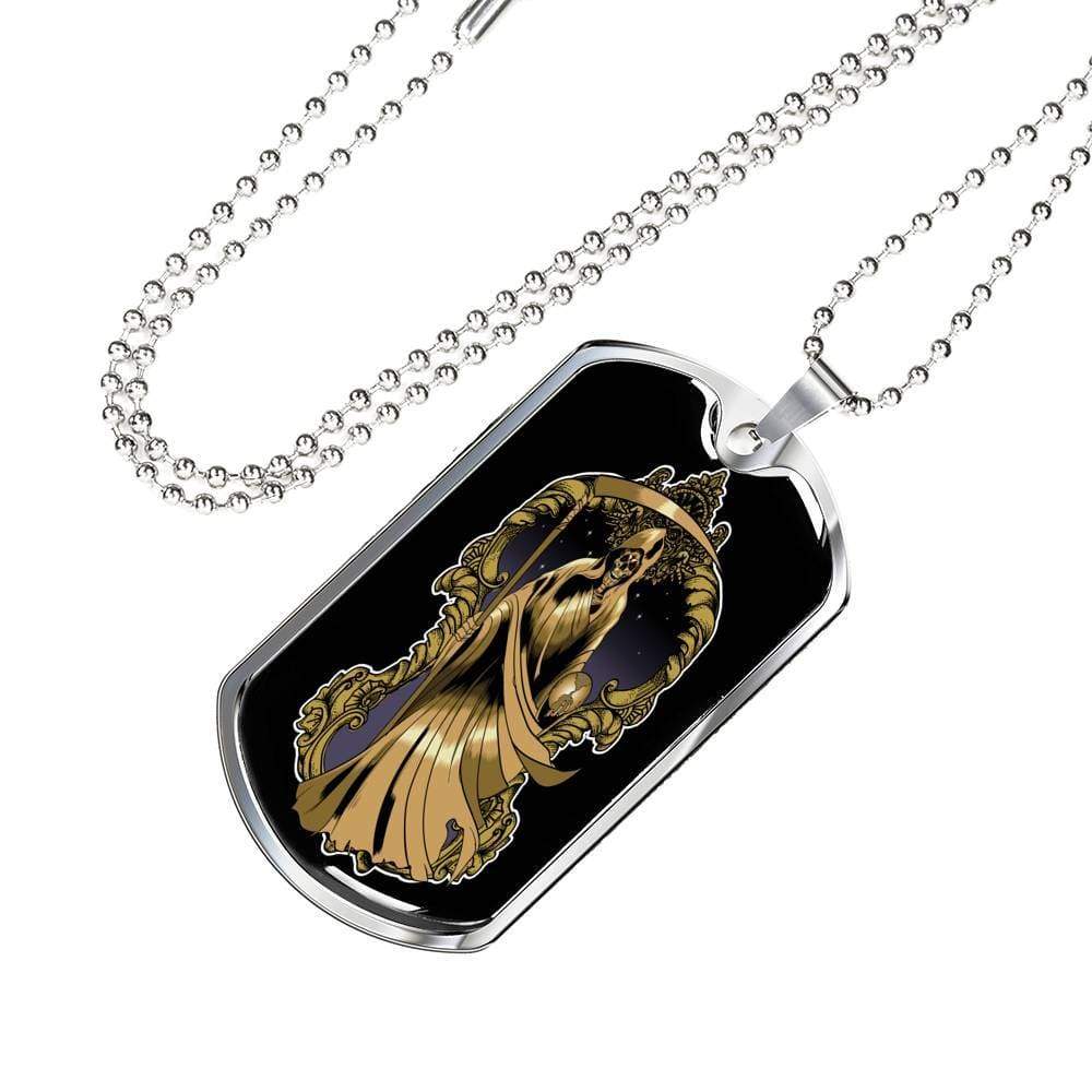 Santa Muerte Necklace St Death Gold Robe Dog Tag Stainless Steel or 18k Gold 24" Chain - Express Your Love Gifts