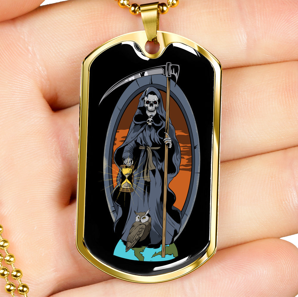 Santa Muerte Saint Holy Death Dog Tag Necklace Stainless Steel or 18k Gold 24" Chain-Express Your Love Gifts