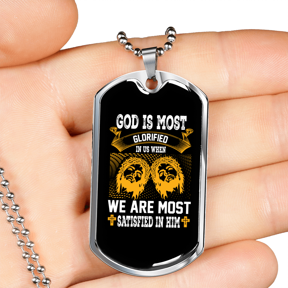 Satisfied In Him Christian Necklace Stainless Steel or 18k Gold Dog Tag 24" Chain-Express Your Love Gifts