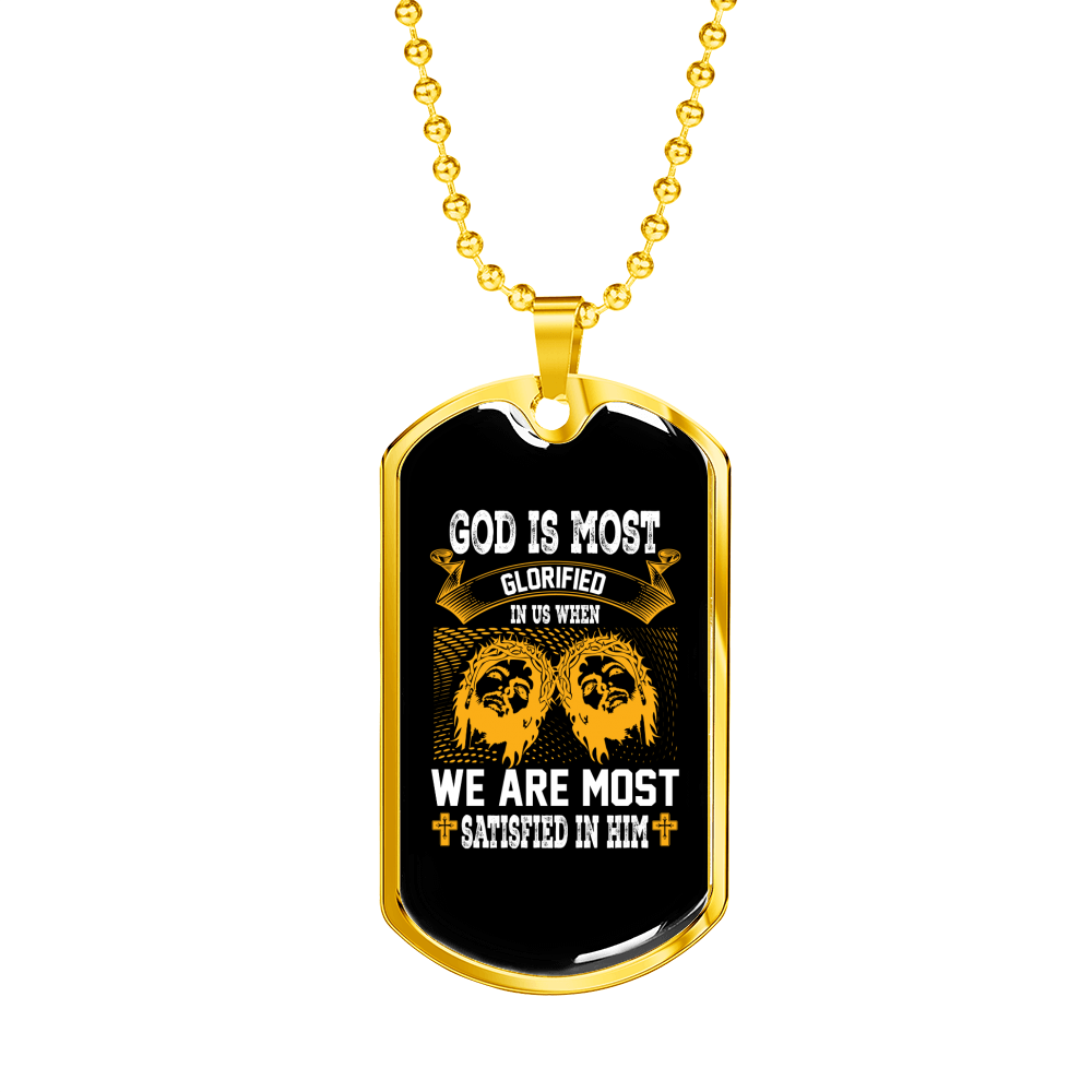 Satisfied In Him Christian Necklace Stainless Steel or 18k Gold Dog Tag 24" Chain-Express Your Love Gifts
