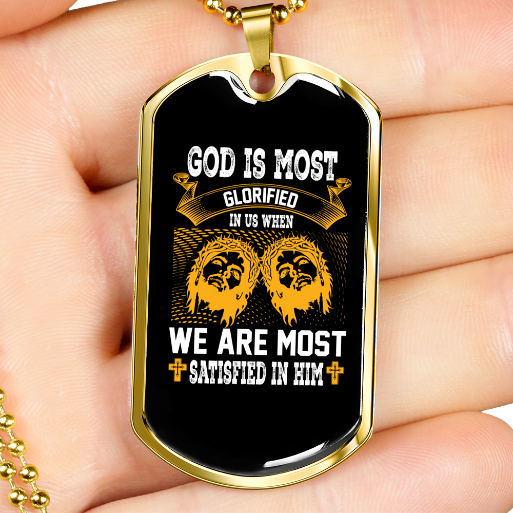 Satisfied In Him Christian Necklace Stainless Steel or 18k Gold Dog Tag 24" Chain-Express Your Love Gifts
