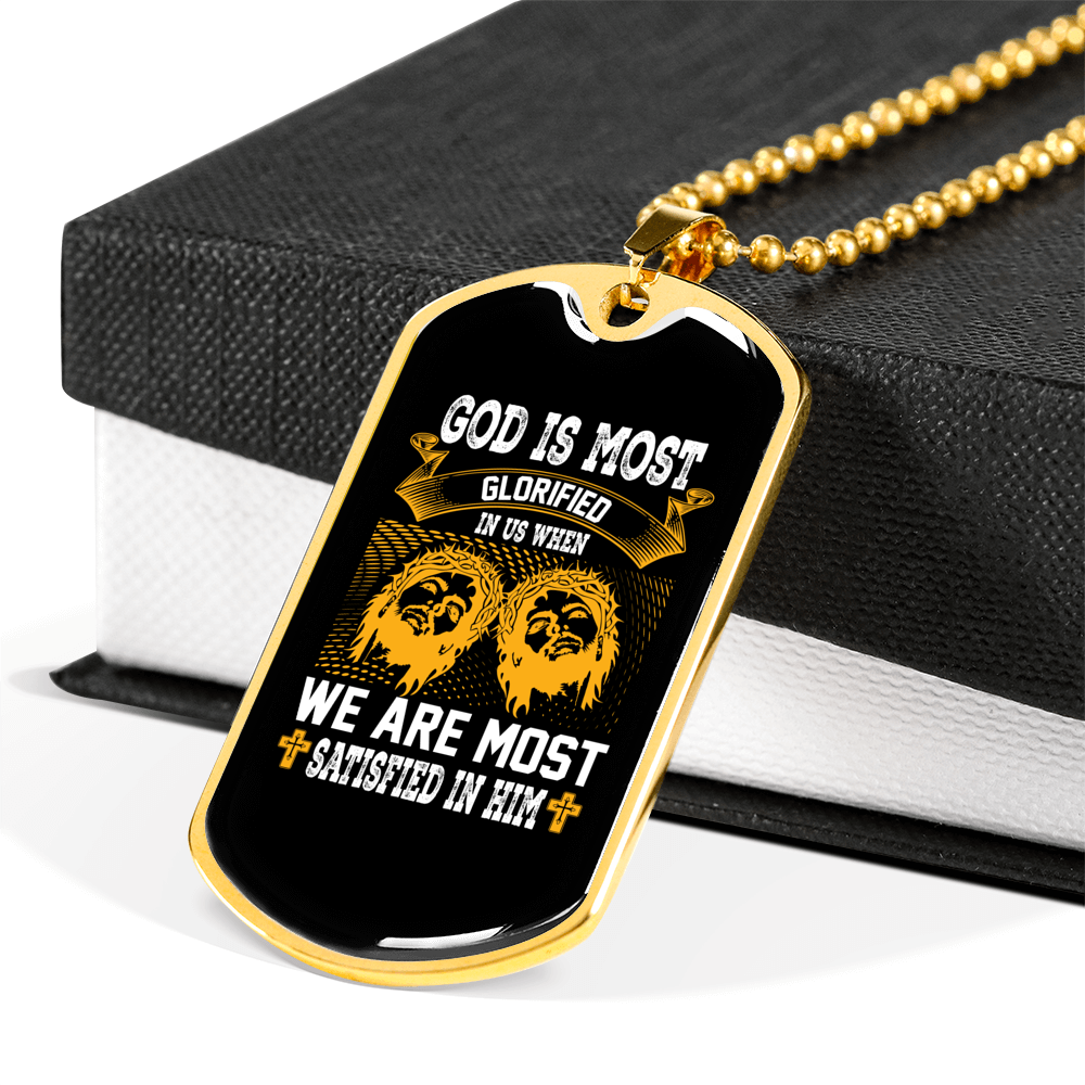 Satisfied In Him Christian Necklace Stainless Steel or 18k Gold Dog Tag 24" Chain-Express Your Love Gifts